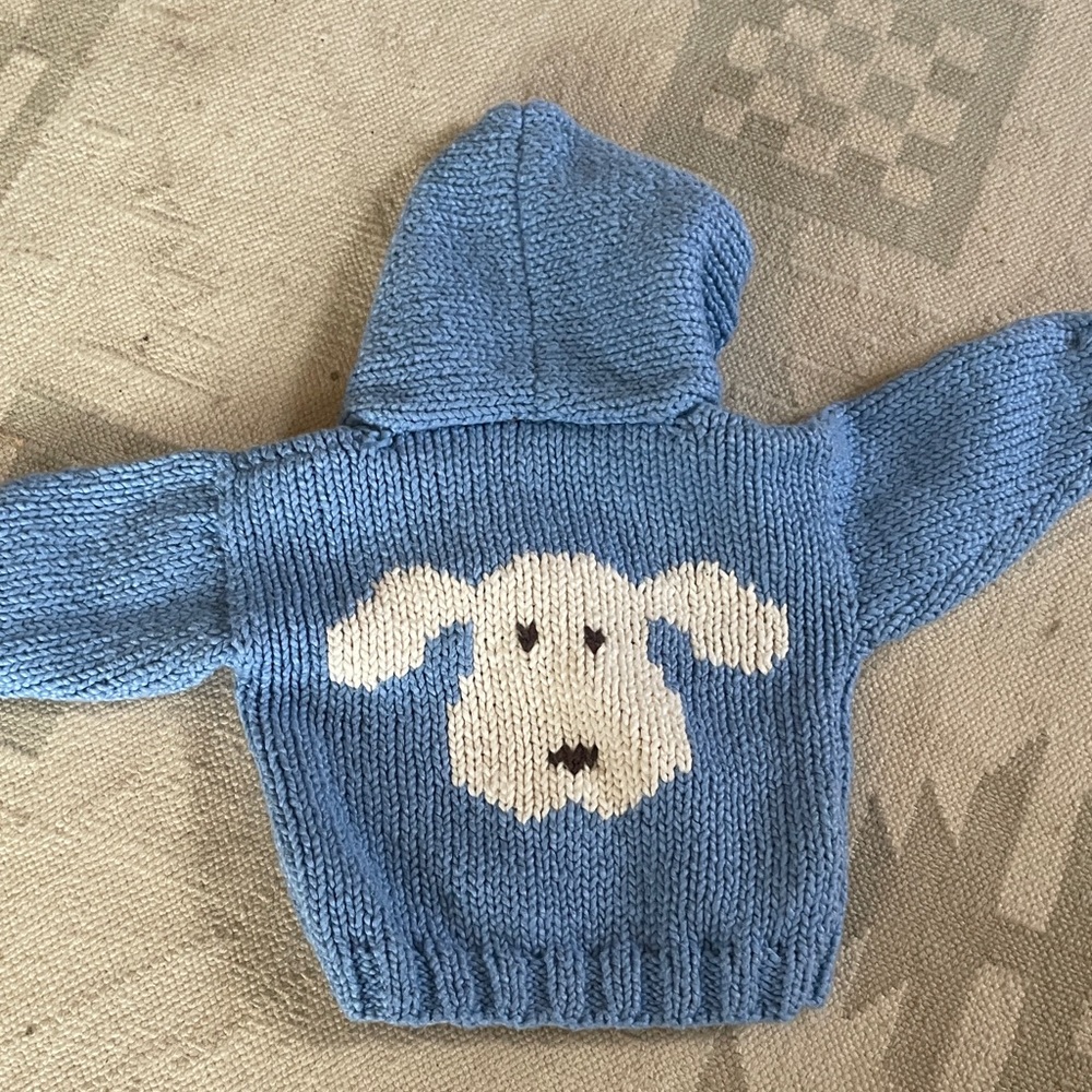 Hand knit blue with dog hooded cardigan 100% cotton